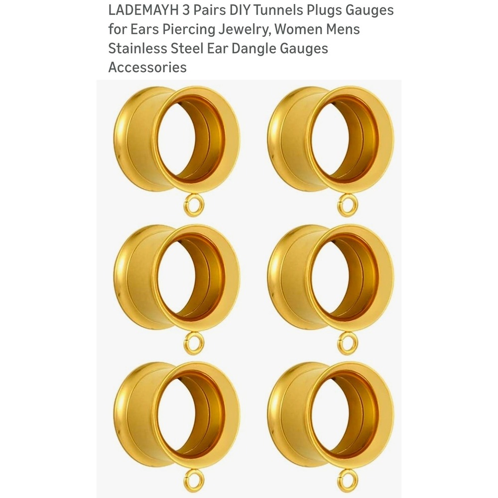 3 Pairs Gold Stainless Steel DIY Ear Tunnels Plugs‎ Gauges w/ Loops GO22mm 7/8"
